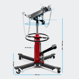 Mobiele transmissiekrik hydraulisch en kantelbaar; 500kg laadvermogen.