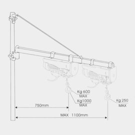 Lier met zwenkarm met 110cm uitval; Takel tot max. 600kg.