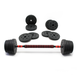 30kg DumbbellSet; dumbbell en barbell 2in1 met 16 halterschijven.