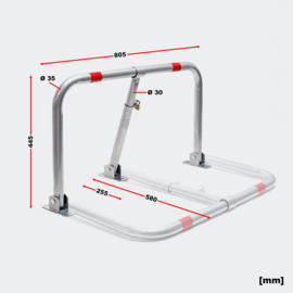 Klapbare parkeerplaatsbeugel met hangslot en reflectorstrips.