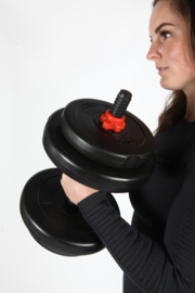 30kg DumbbellSet; dumbbell en barbell 2in1 met 16 halterschijven.