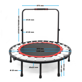 Fitnesstrampoline Ø1220 mm tot 150kg met in hoogte verstelbare handgreep.