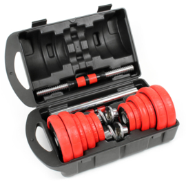 Halterset 20kg 2in1 dumbbell en barbell met 12 halterschijven, kleur rood.