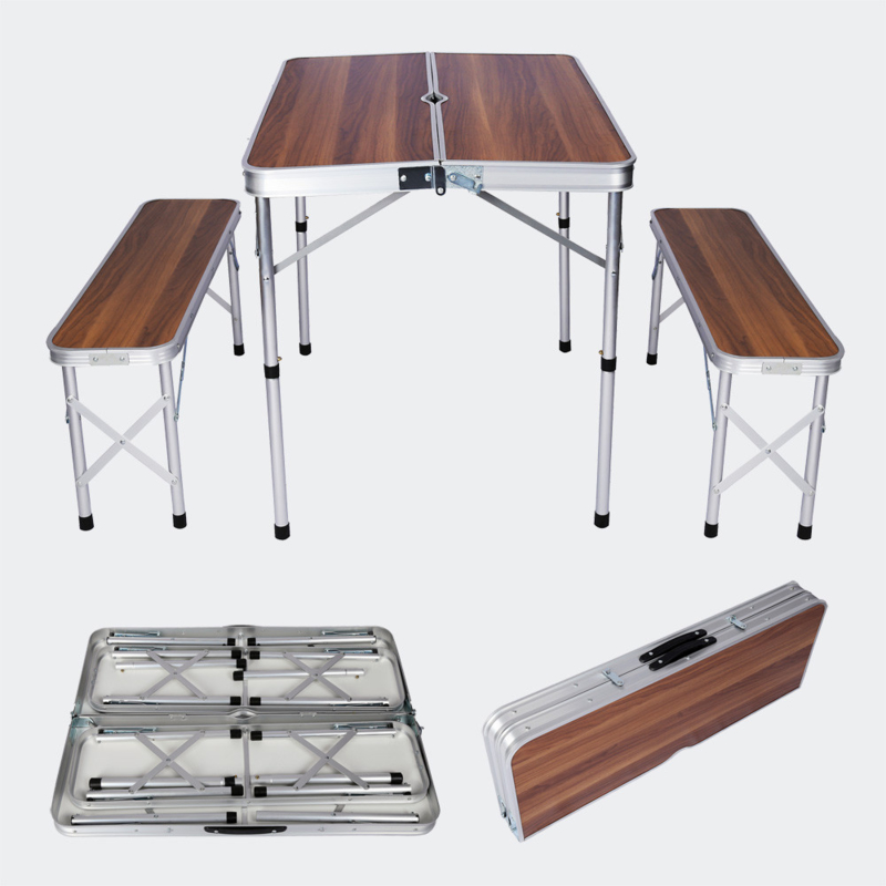 Aluminium koffertafel met 2 banken; hout design 90x66x70 cm, opvouwbaar
