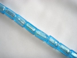Streng zilverfolie glaskralen buis 15x10 mm lichtblauw (12 stuks)