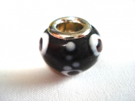 Pandora style kraal zwart met wit/zwarte en witte stippen