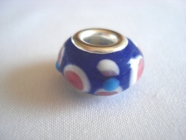 Pandora style kraal kobaltblauw met roze/witte stippen
