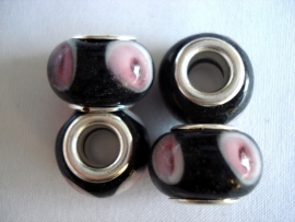 Pandora style kraal zwart met roze/witte stippen