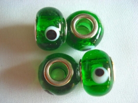Pandora style kraal groen met zwart/witte stippen