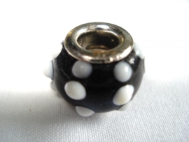 Pandora style kraal zwart met witte opstaande stippen