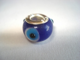 Pandora style kraal kobalt blauw met wit/blauwe stippen met 925 verzilverde kern