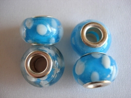 Pandora style kraal aquablauw met witte stippen