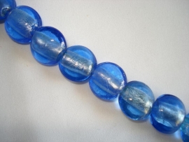 Streng zilverfolie glaskralen plat rond blauw (12 stuks)