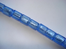 Streng zilverfolie glaskralen buis 12x10 mm blauw (15 stuks)