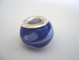 Pandora style kraal kobaltblauw, wit en lichtblauw met 925 verzilverde kern