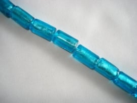 Streng zilverfolie glaskralen buis 15x10 mm turquoise blauw (12 stuks)