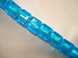 Streng zilverfolie glaskralen kubus 12 mm aquablauw (12 stuks)