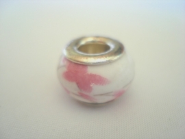 Pandora style kraal keramiek gebroken wit met roze bloemen