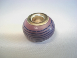 Pandora style kraal keramiek lila met donkerblauwe strepen