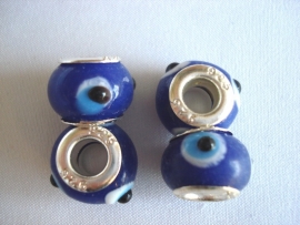 Pandora style kraal kobalt blauw met wit/blauwe stippen met 925 verzilverde kern