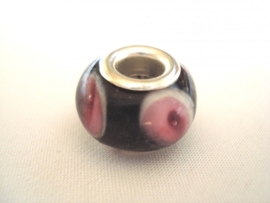 Pandora style kraal zwart met roze/witte stippen