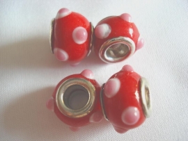 Pandora style kraal rood met roze opstaande stippen