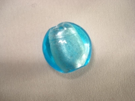 Zilverfolie glaskraal plat rond licht aquablauw