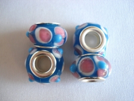 Pandora style kraal  blauw met roze/witte stippen