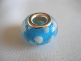 Pandora style kraal aquablauw met witte stippen