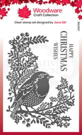 Woodware Clear Singles Lino Cut - Robin and Holly 4 in x 6 in Stamp JGS728