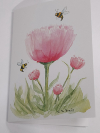 Wenskaart: "Twee bijtjes op een roze bloem"