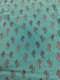 034 - Katoen Jersey (tricot) cactusjes turqouise - 140cm breed en 100 cm lang