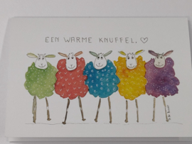 Wenskaart: "een warme knuffel" met 5 schaapjes