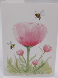 Wenskaart: "Twee bijtjes op een roze bloem"