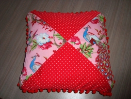 Kussenhoesje stippen en vogel wit/roze/fuchsia/rood 40 x 40 cm