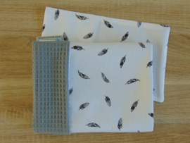Dekbedovertrekset wafelkatoen/poplin veertjes off-white/zwart