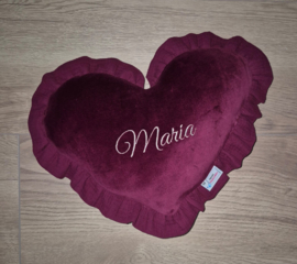 Kussen hart nicky velours met hydrofiele ruche en naam geborduurd