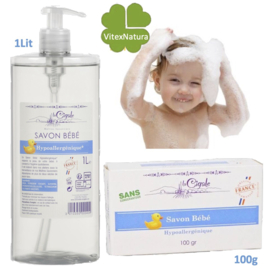 Barre de savon bébé 100g et Savon liquide bébé 1lit Hypoallergénique