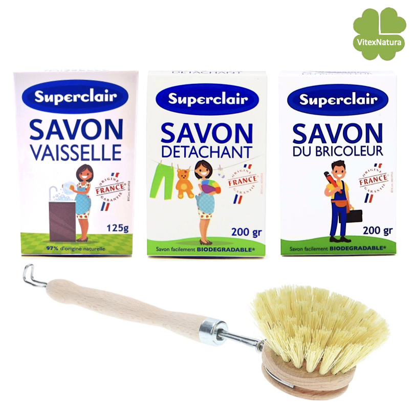 Combination of Bicarbonate 2x200g stain removing soaps and dishwashing liquid soap 125g bars