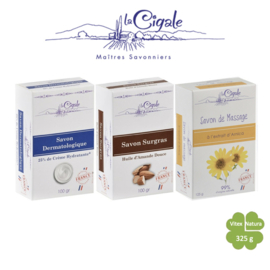 Ensemble de soins | savon dermatologique 100g | savon surgras à l'huile d'amande douce 100g | savon de massage à l'arnica 125g