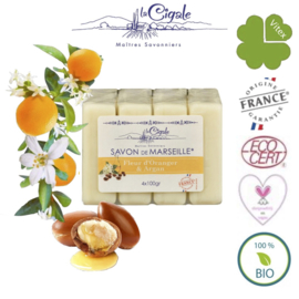 Savons à la glycérine et à l'huile d'argan fleur d'oranger 4x100g