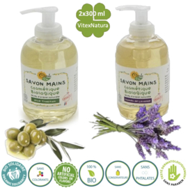 Jabón de manos ecológico aceite de oliva y lavanda botella dosificador 2x300ml