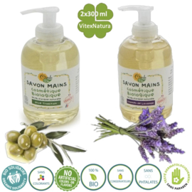 Flacone con pompa per sapone per le mani all'olio di oliva e lavanda biologico 2x300ml