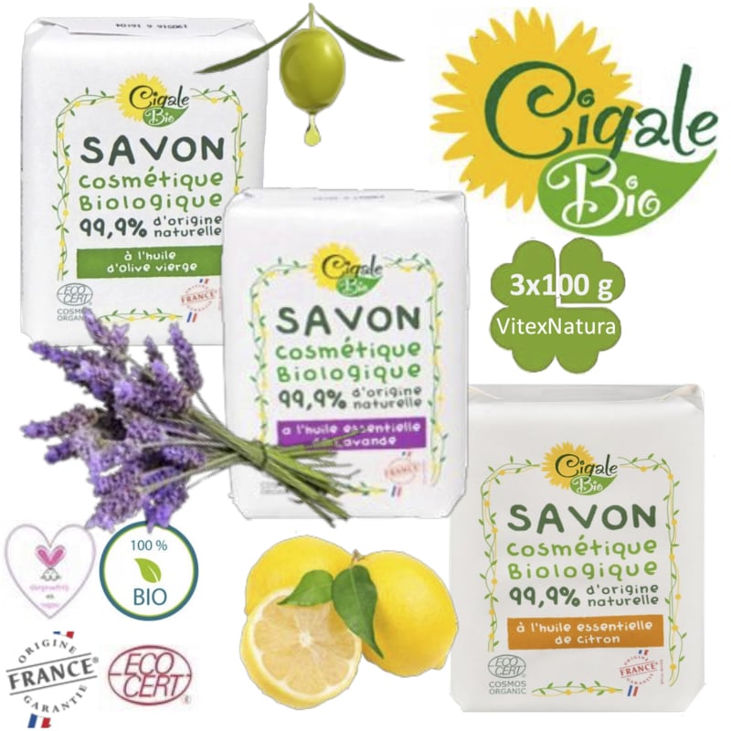 Jabón orgánico esencial de limón, lavanda y aceite de oliva 3x100g