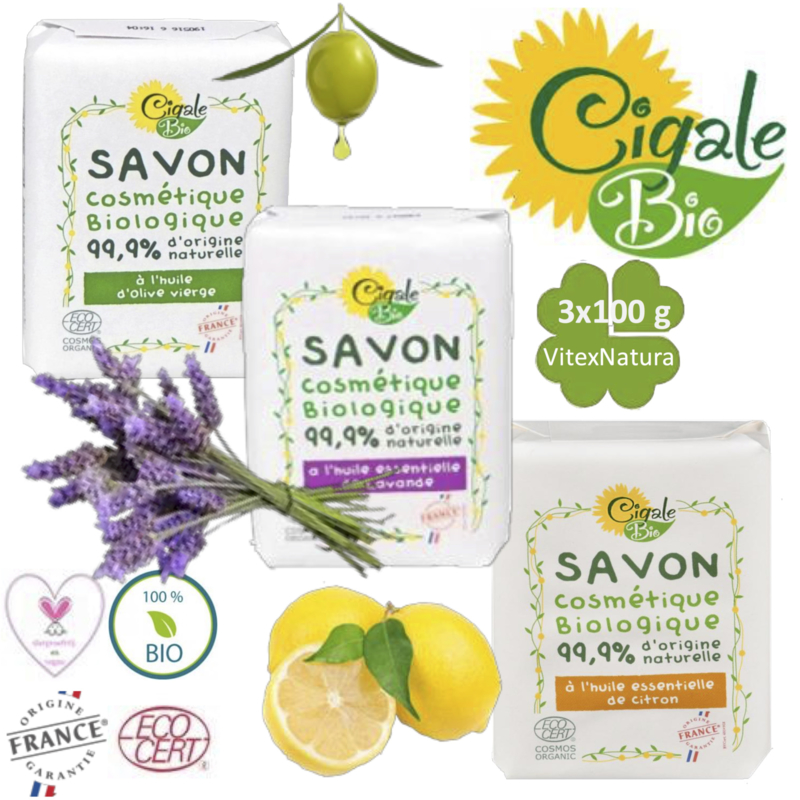 Sabão orgânico essencial de limão, lavanda, azeite de oliva 3x100g