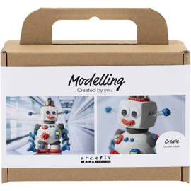 977809 Creativ Company Mini Hobbyset Boetseren, Robot, blauw, grijs, rood