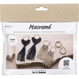 977625 Creativ Company Mini Hobbyset Macramé, Oorbellen, zwart, olijfbruin, zandkleur
