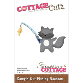 CC935 CottageCutz Dies Campin' Out Fishing Raccoon 3"X1.9"