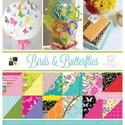 210147 DCWV Double-Sided Paper Stack Birds & Butterflies W/Glitter 12"X12" 36/Pkg
