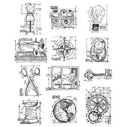 036452 Tim Holtz Large Cling Rubber Stamp Set Mini Blueprints 3